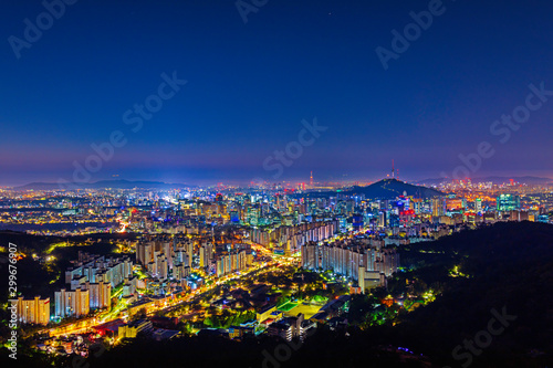 Twilight of Seoul Downtown cityscape . Aerial view of Nansan Seoul Tower and lotte tower. Viewpoint from Ansan mountain best landmark of Seoul , South Korea