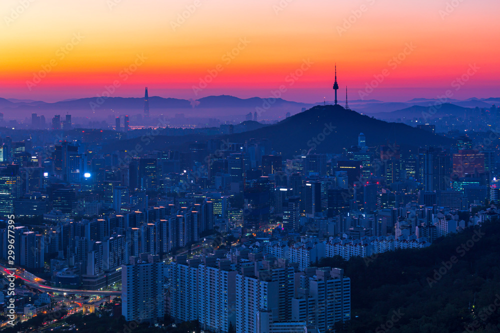 Sunrise and  Skyline of Seoul viewpoint from Ansan mountain in Seoul,South Korea