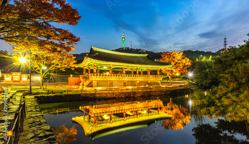 Nightscape of pavilion at namsangol hanok traditional village in Seoul,South Korea photo