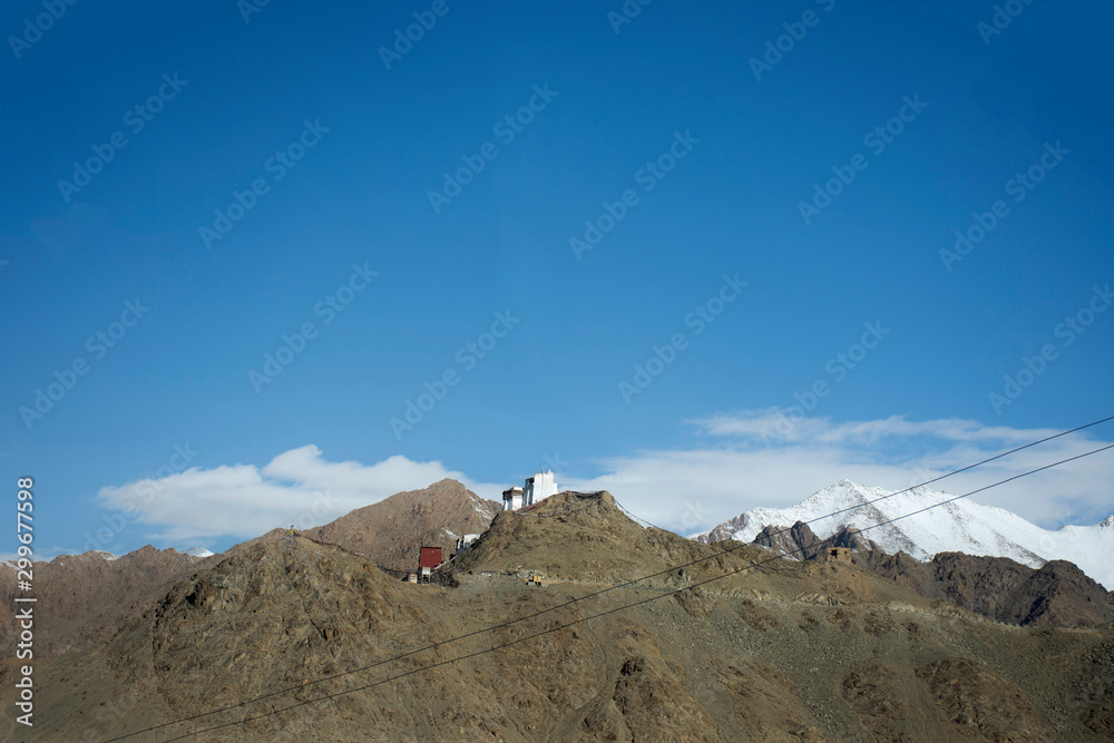 View landscape of  Thiksey monastery and Namgyal Tsemo Gompa from Khardung La Road in Himalaya mountain between go Nubra valley and Pangong lake in Jammu and Kashmir, India