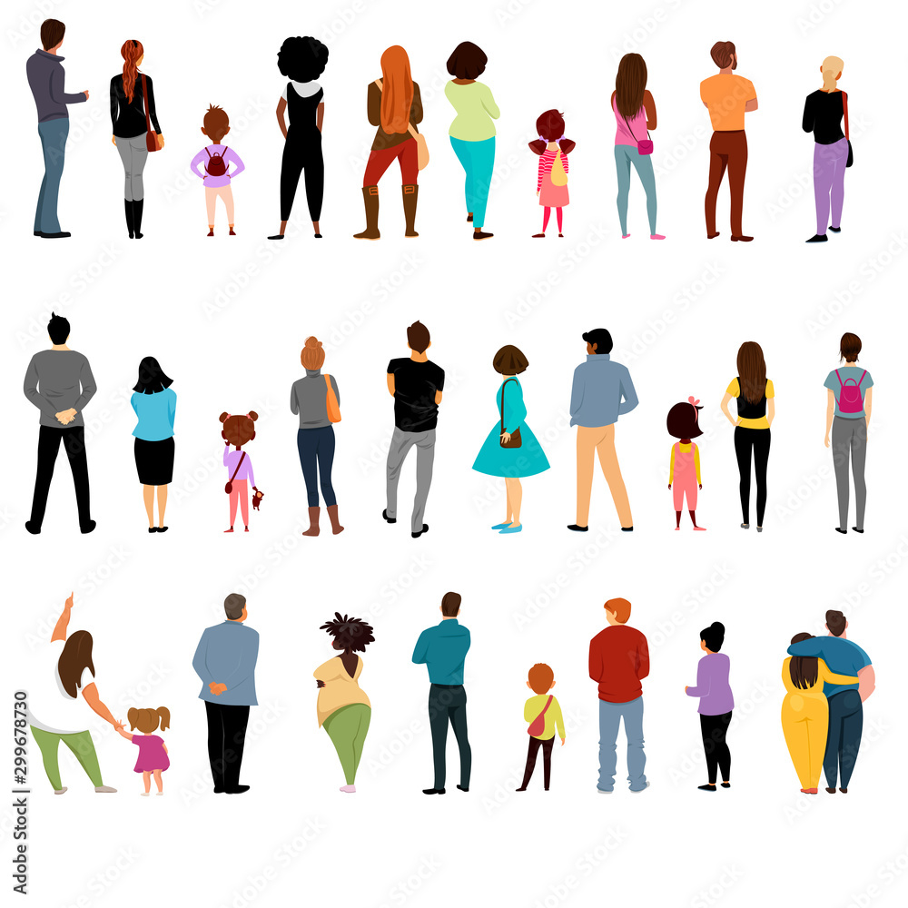 people back. view of people and children behind. a set of vectors. people of different nationalities