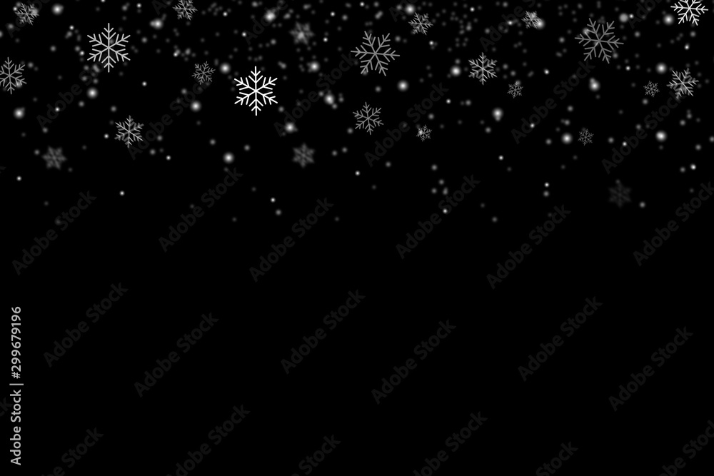 Snowflakes falling for christmas decoration abstract black background.