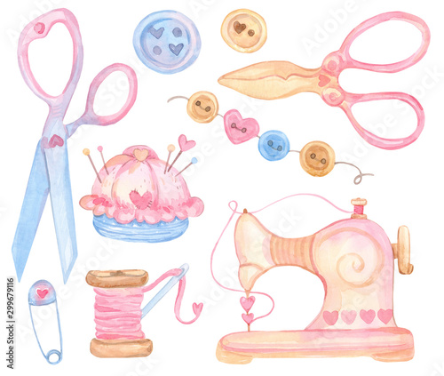 Sewing machines, threads, buttons, scissors. Cute watercolor cartoon set. Female needlework. Sewing tools isolated on a white background.