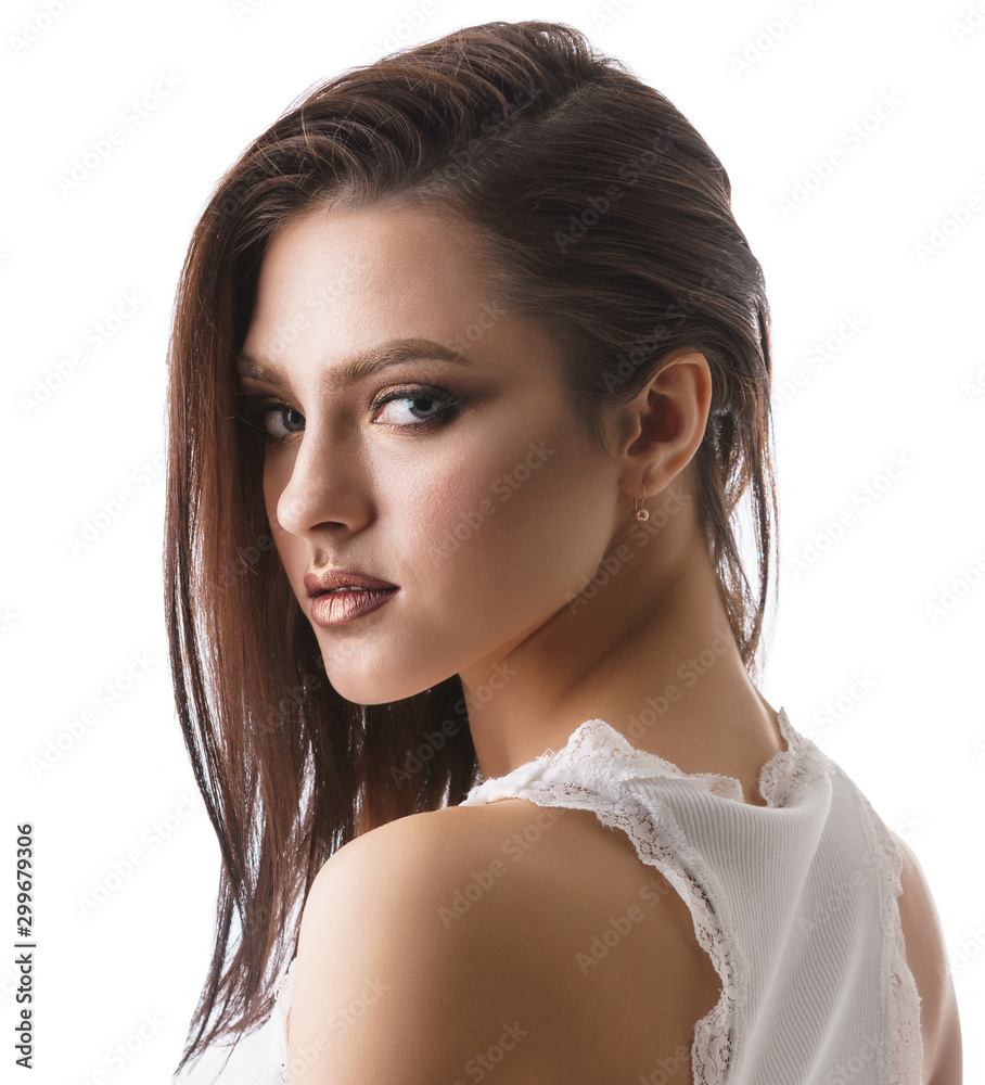 Fototapeta premium Sexy brunette in white lace top studio portrait