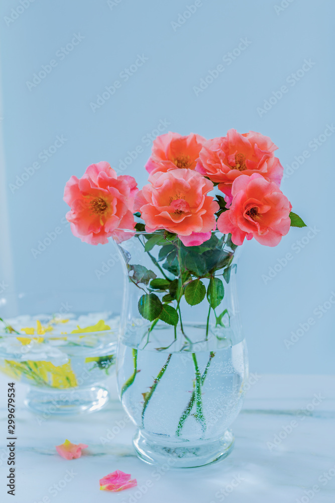 Fototapeta premium ガラスの花瓶のバラの花 サンセットグロウ