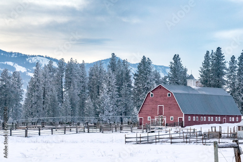 Old Red Barn at the Edge of an Evergreen Forest - Methow Valley, Washington, USA (Winter) 