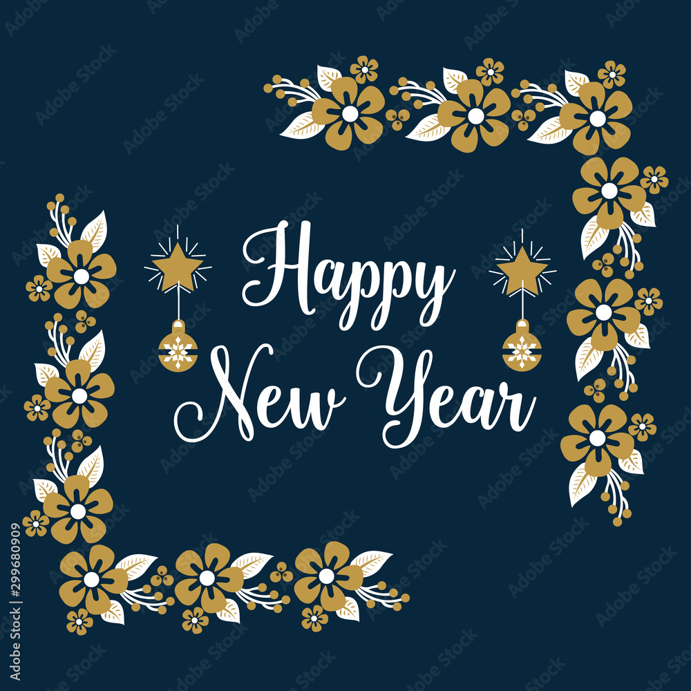 Cute leaf flower frame, isolated on dark blue background, for poster happy new year. Vector