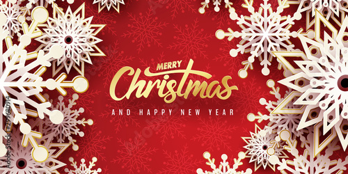 Paper art of snowflake on red paper, Merry Christmas and happy new year
