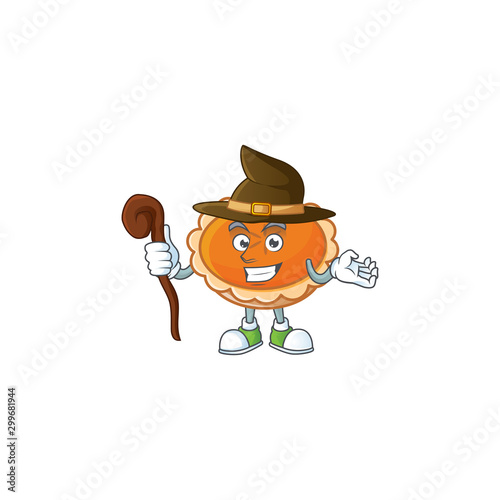 orange pie with witch character on white background.
