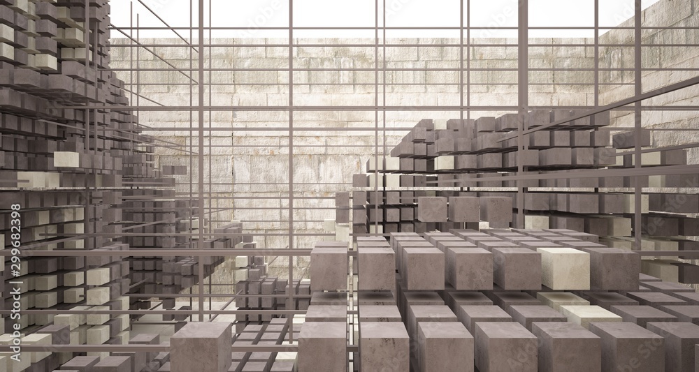 Abstract architectural concrete interior from an array of white cubes with large windows. 3D illustration and rendering. Abstract architectural concrete interior from an array of white cubes with large windows. 3D illustration and rendering.
