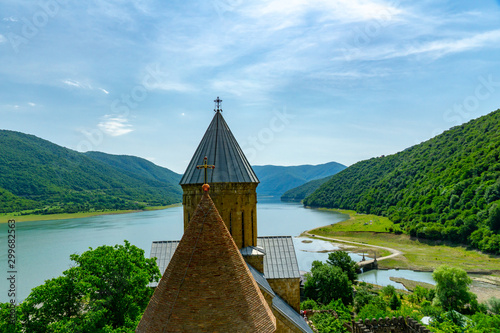 Beautiful autumn panoramic view of Zhinvali reservoir and Ananuri fortress in Georgia country photo
