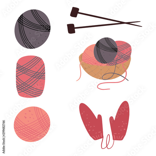A set for knitting. Woolen threads. Vector drawing on a white background. Spokes for knitting. Basket.
