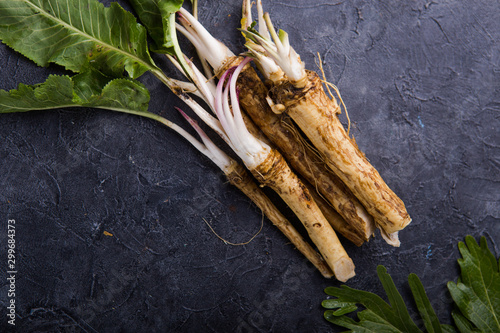Fresh orgaanic horseradish or Horse-radish root on wooden cutting board. top view