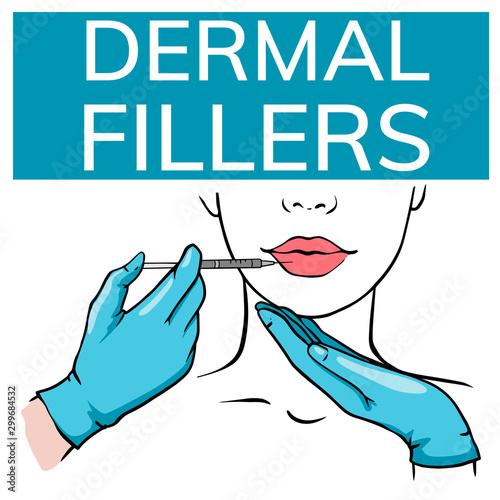  Cosmetic injection to the lip. Beautiful, puffy lips. Plastic, aesthetic cosmetology. Illustration of spa treatments. Doodle sketch of a medical procedure.