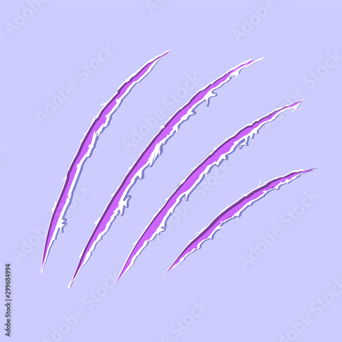 Cool cyber claws animal scratch scrape track. Cat tiger scratches paw shape. Four nails trace. Funny design element. Damaged cloth. Ragged edges. Isolated. Vector illustration.