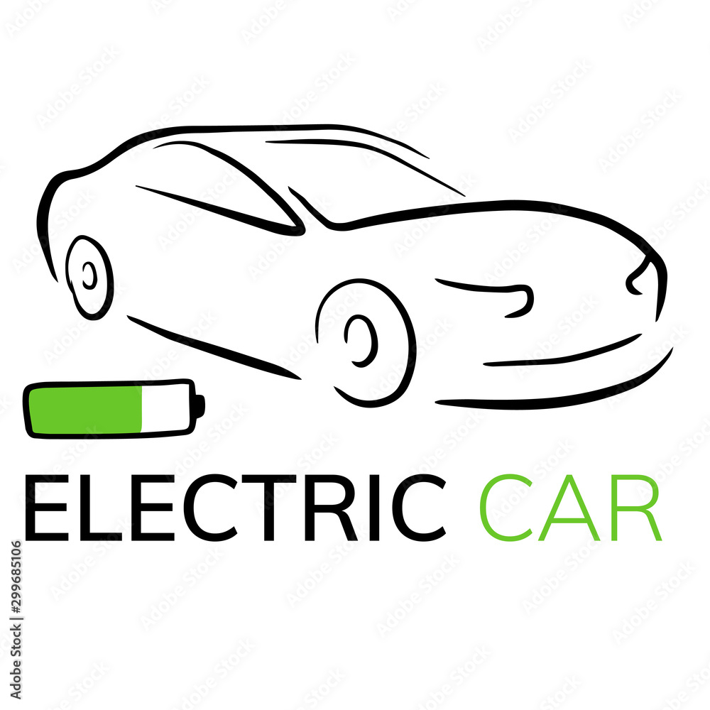  Doodle sketch illustration of an electric car on a white background. 