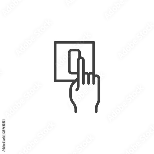 Hand turning on the light line icon. linear style sign for mobile concept and web design. Finger pressing power switch outline vector icon. Symbol, logo illustration. Vector graphics