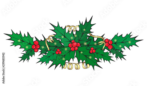 Colored Christmas decor of holly leaves and berries with golden serpentine and snowflakes. Isolated vector on a white background. 