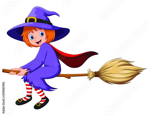 Halloween holiday. Cute little girl witch with flying on a broom