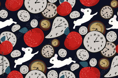 Abstract seamless pattern with clock, red apples and rabbits on dark blue background. Hand-drawn print. Wallpaper in vintage style Wonderland. Vector. Retro design.