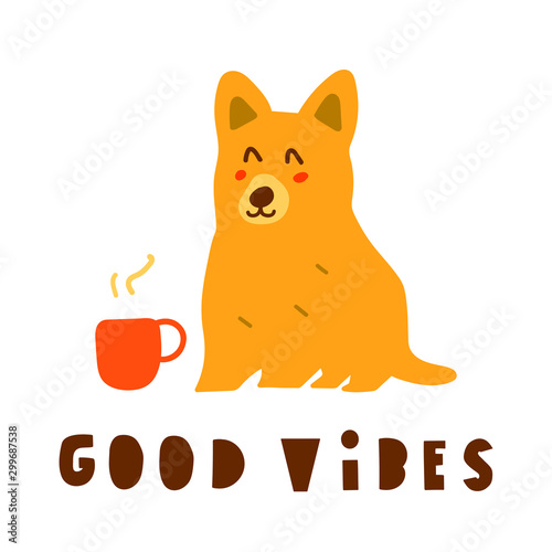 Corgi with coffee cup. Hand drawn funny vector illustration for greeting card, t shirt, sticker, poster design on white background.
