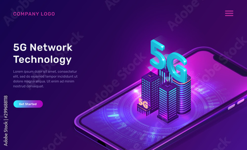 5G network technology, isometric concept vector illustration. Smart city, buildings with 5G symbol wireless internet and mobile phone isolated on ultraviolet background. High speed internet web page