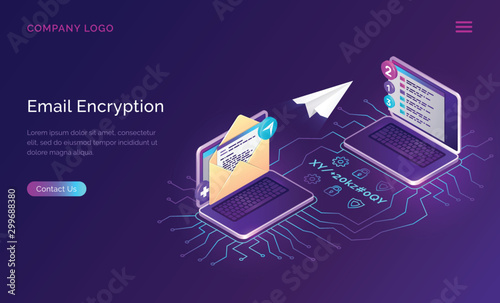 Email encryption, data security isometric concept vector. Open laptop, envelope with message on screen and flying paper airplane, neon connection lines and shield lock icons, communication protection