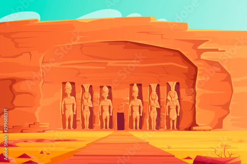 Ancient Egypt, Abu Simbel Small Temple, cartoon vector illustration. Rock carved temple facade with giant figures pharaoh Ramses and his wife Nefertari, travel Aswan landmark, World Heritage Monument