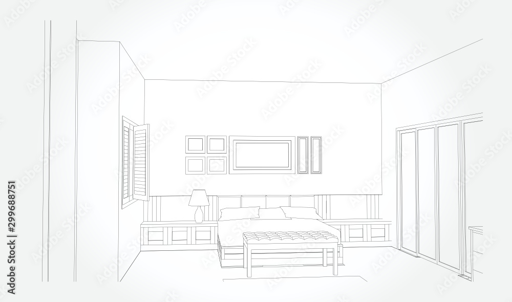 Linear sketch of an interior. Sketch Line bed room . Vector illustration.outline sketch drawing perspective of a interior space Linear sketch of an interior. Sketch Line bed room . Vector illustration.outline sketch drawing perspective of a interior space