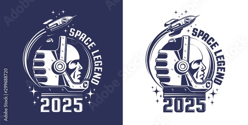 Astronaut in helmet logo in retro style. Spaceman in a space suit and a flying rocket - vintage emblem. Vector illustration.