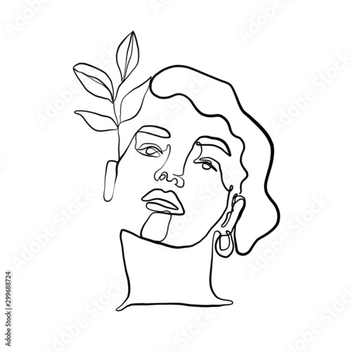 Hand drawn one line young woman or girl portrait face, beauty single icon, simple fashion logo, continuous hand drawing art.