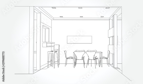 Linear sketch of an interior. Sketch Line bed room . Vector illustration.outline sketch drawing perspective of a interior space