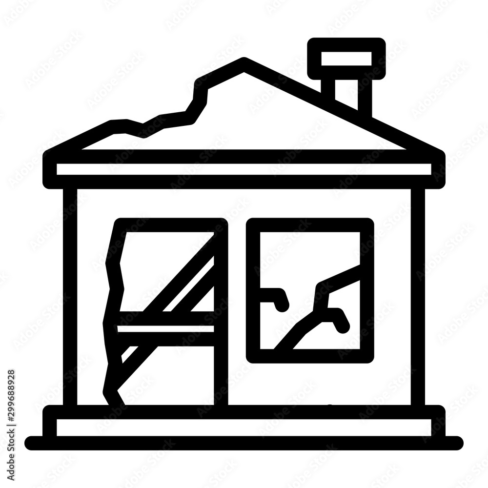 Destroyed home icon. Outline destroyed home vector icon for web design isolated on white background Destroyed home icon. Outline destroyed home vector icon for web design isolated on white background