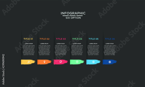 Six 6 Options brush stroke infographic step chart workflow element Plan Slide Template with dark black background theme