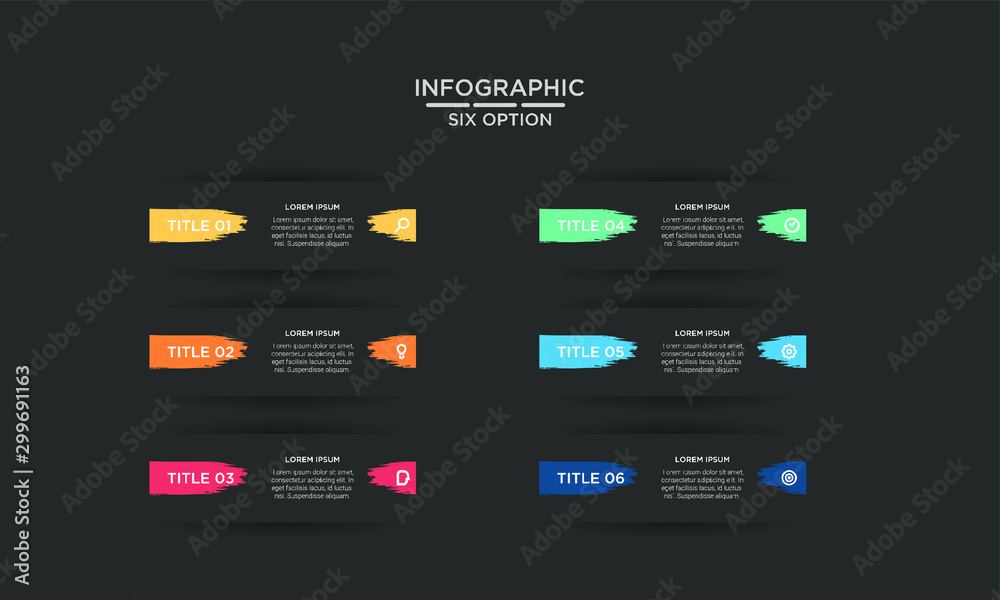 Six 6 Options brush stroke infographic step chart workflow element Plan Slide Template with dark black background theme Six 6 Options brush stroke infographic step chart workflow element Plan Slide Template with dark black background theme