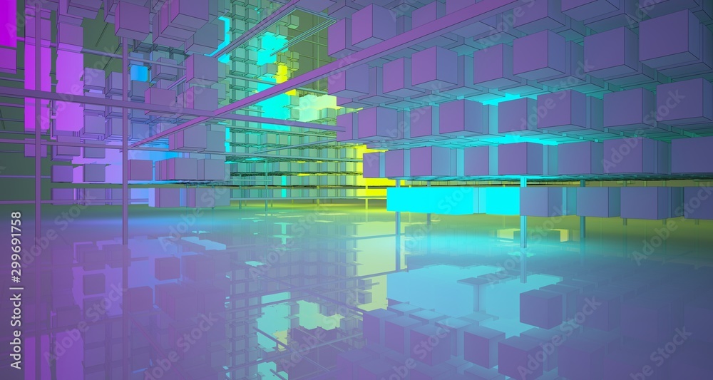 Abstract architectural white interior from an array of white cubes with color gradient neon lighting. 3D illustration and rendering.