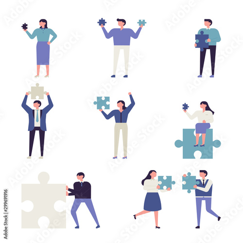 People holding puzzle pieces of different sizes. vector design illustrations. © MINIWIDE