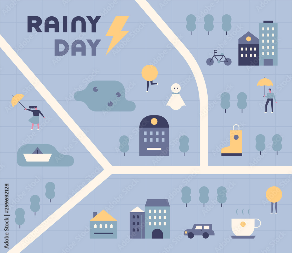 Obraz premium Map of the town on a rainy day. vector design illustrations.