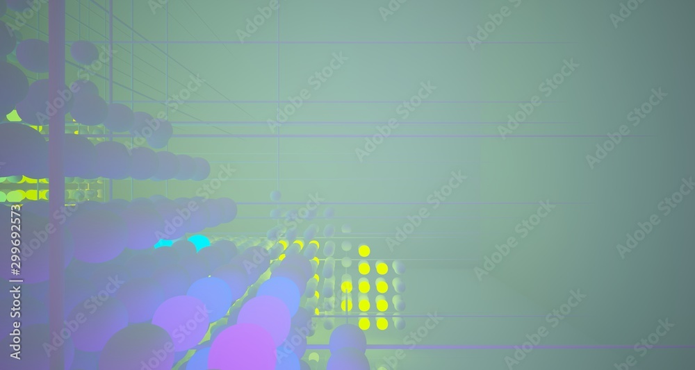 Abstract architectural smooth white interior from an array of white spheres with with color gradient neon lighting. 3D illustration and rendering. Abstract architectural smooth white interior from an array of white spheres with with color gradient neon lighting. 3D illustration and rendering.