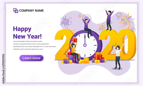 People celebrate the New year near big clock and big symbol 2020 numbers. Can use for web banner, poster, landing page, web template. Vector illustration © agny_illustration