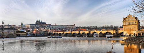 Charles Bridge in Prague, spring panorama on a sunny day, Czech Republic