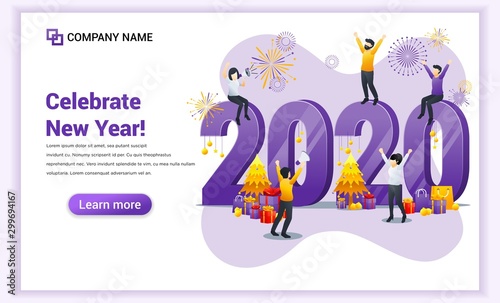 Happy new year 2020 concept. People are celebrating the new year with gift boxes and fireworks. Can use for web banner, poster, landing page, web template. Vector illustration © agny_illustration
