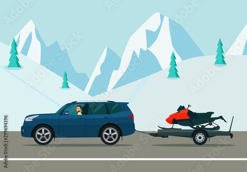 SUV car with a driver tows a trailer with a snowmobile on a winter road. Vector flat style illustration.