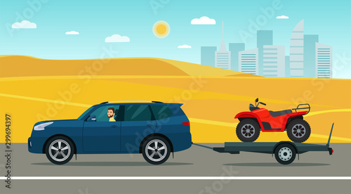 Fototapeta Naklejka Na Ścianę i Meble -  SUV car with a driver tows a trailer with an ATV in the desert. Vector flat style illustration.