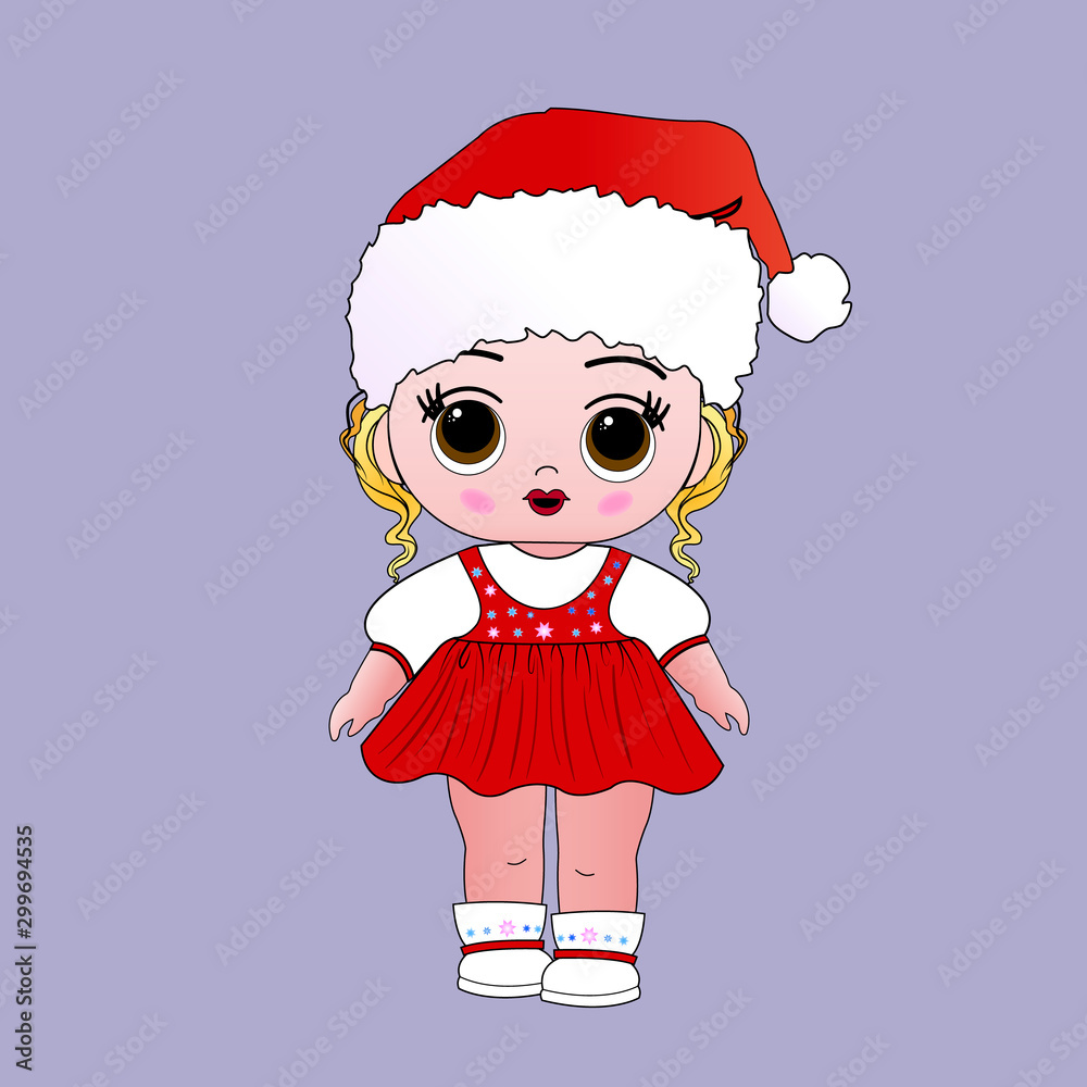 Doll girl in santa claus hat christmas costume dress. Toy New Year or Christmas character for children. Design for children's t-shirts, souvenirs, cards, postcards, wallpapers. Doll girl in santa claus hat christmas costume dress. Toy New Year or Christmas character for children. Design for children's t-shirts, souvenirs, cards, postcards, wallpapers.