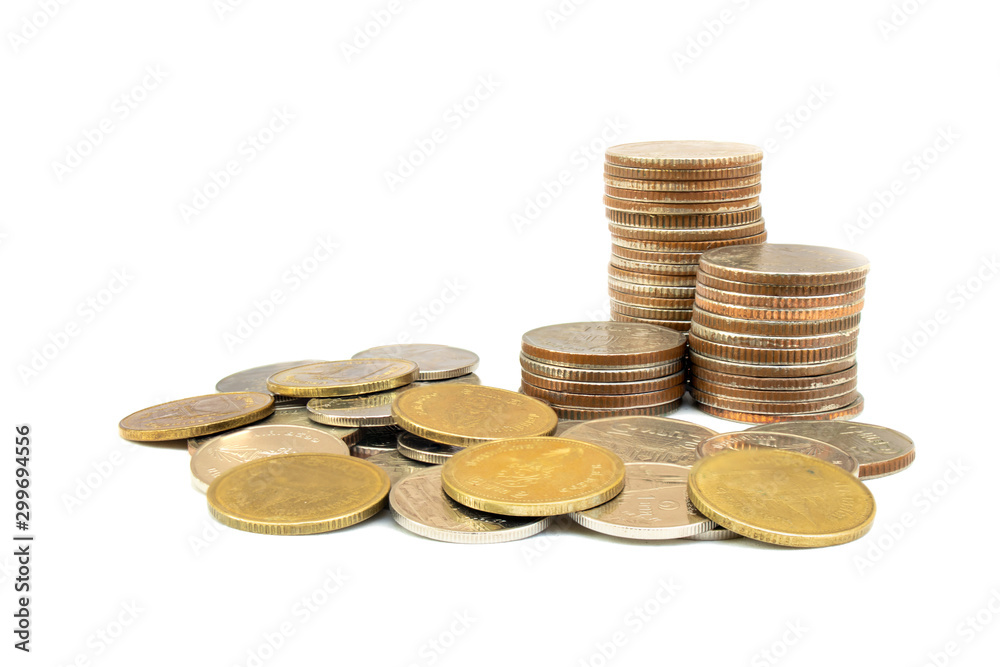 Close up stack or pile old golden and silver coins isolated on white background. Close up stack or pile old golden and silver coins isolated on white background.