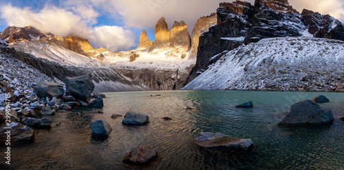 Sunrise over the three Peaks forming the Torres del paine, Patagonia, Chile photo