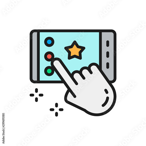 Portable game on smartphone, app flat color line icon.