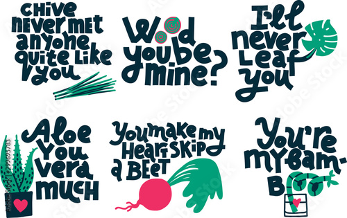 Set of plant jokes about love, multicolor