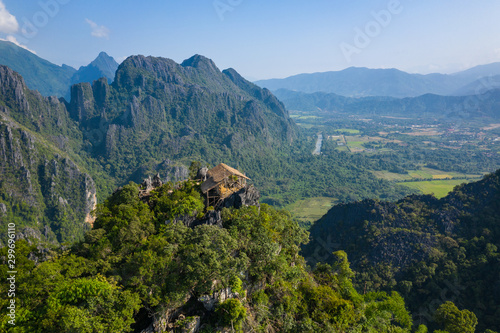 Aerial view of beautiful landscapes at Vang Vieng , Laos. Southeast Asia. Photo made by drone from above. Bird eye view.